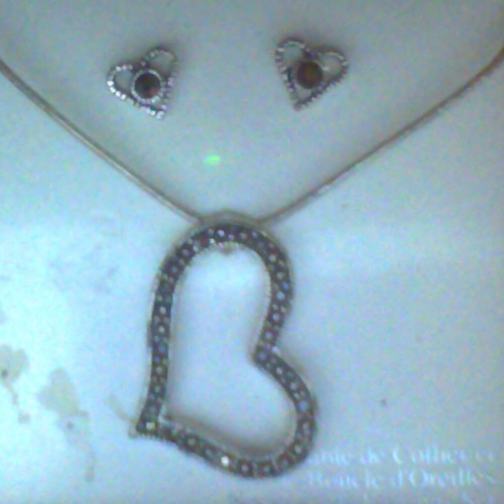silver and hematite heart necklace and earring set